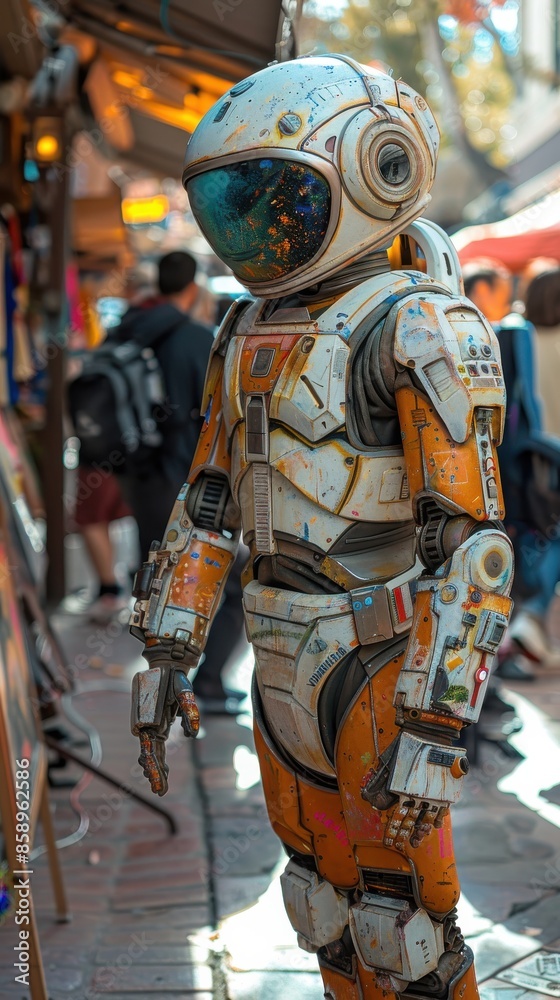 A man in a white and orange space suit stands on a sidewalk. The man is wearing a helmet and has a robotic arm. The scene is set in a busy city street with people walking around A man in a white and orange space suit stands on a sidewalk. The man is wearing a helmet and has a robotic arm. The scene is set in a busy city street with people walking around
