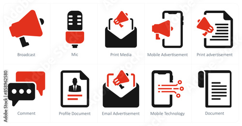 A set of 10 web marketing icons as broadcast, mic, print media