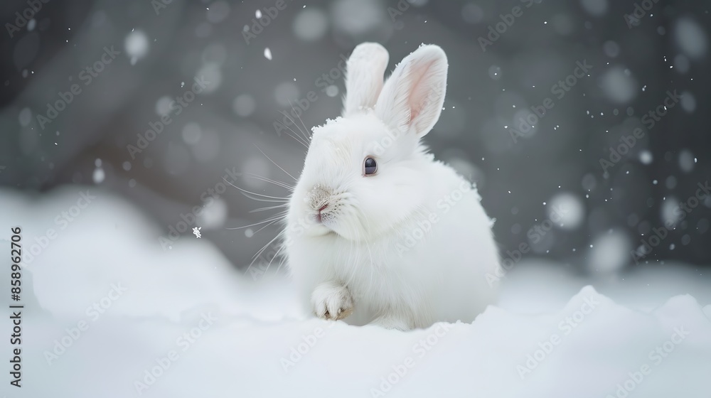 white funny fluffy rabbit in the snow. white funny fluffy rabbit in the snow.
