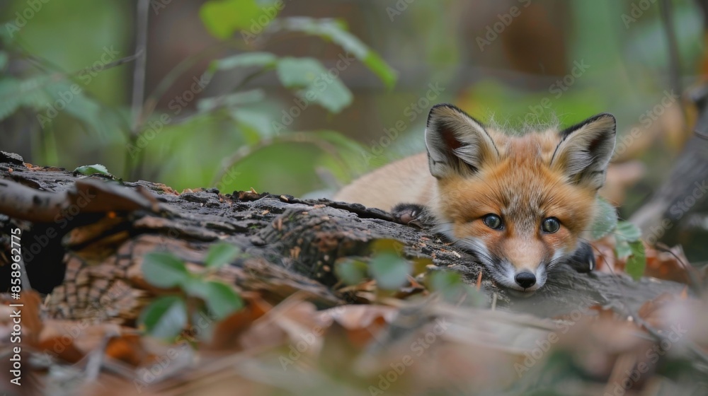 Naklejka premium A small red fox is laying on a log in the woods