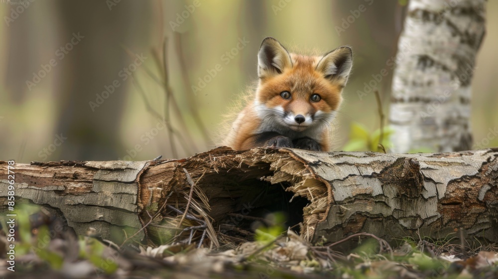 Naklejka premium A small red fox is standing on a log in a forest