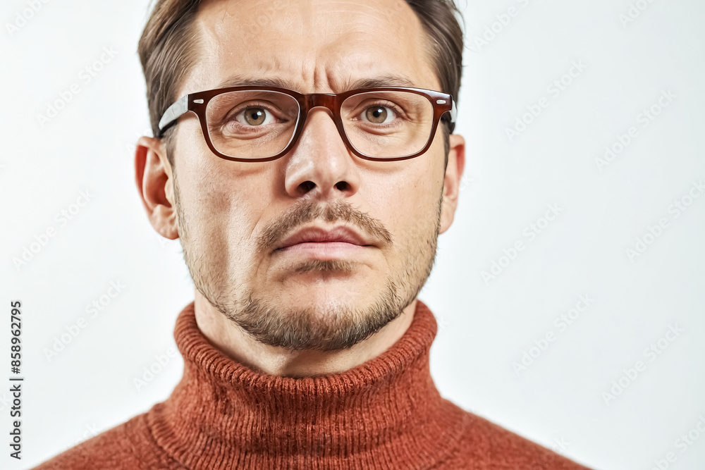 Close up portrait of a pensive man wearing glasses and a turtleneck sweater