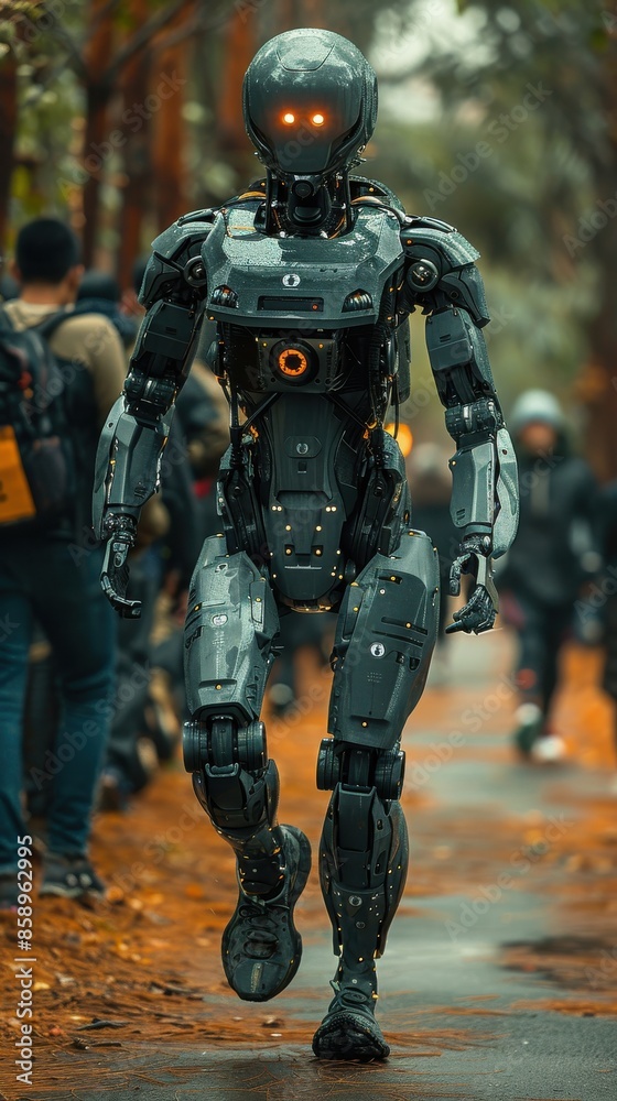 A robot is walking down a path with people behind it. The robot is wearing a black suit and has a menacing look on its face. The people behind the robot are carrying backpacks A robot is walking down a path with people behind it. The robot is wearing a black suit and has a menacing look on its face. The people behind the robot are carrying backpacks