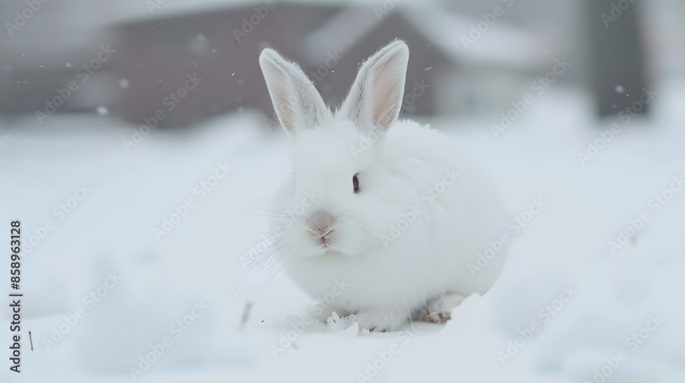 white funny fluffy rabbit in the snow. white funny fluffy rabbit in the snow.
