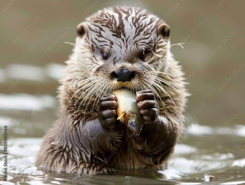 Fototapeta premium A baby otter is holding a fish in its mouth