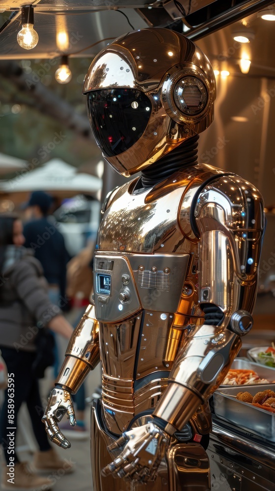 A robot in a gold suit stands in front of a crowd of people. The robot is wearing a helmet and has a metallic appearance. The scene is set in a restaurant A robot in a gold suit stands in front of a crowd of people. The robot is wearing a helmet and has a metallic appearance. The scene is set in a restaurant