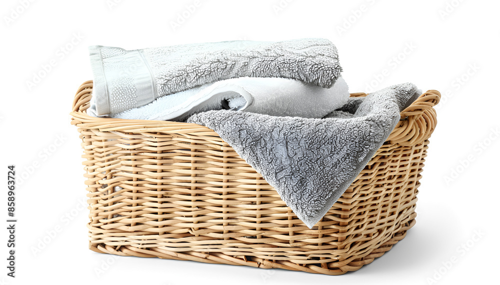 Obraz premium Wicker laundry basket with clean towels isolated on white