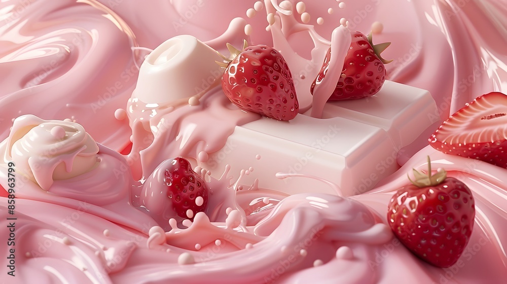 Conceptual artwork featuring digital manipulations of white milk chocolate and strawberry smooth milk, arranged in a surreal and dreamlike composition, invoking a sense of culinary fantasy Conceptual artwork featuring digital manipulations of white milk chocolate and strawberry smooth milk, arranged in a surreal and dreamlike composition, invoking a sense of culinary fantasy
