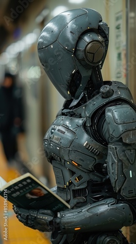 A robot is holding a book and standing in a subway station. The robot is wearing a gray suit and has a metallic appearance. The book it is holding is titled 