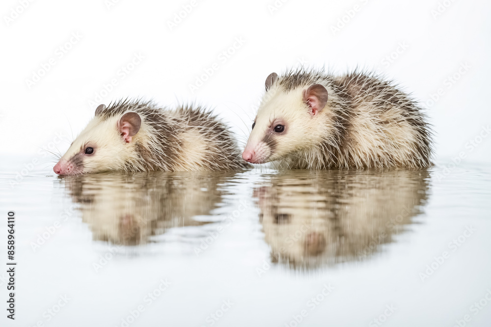 Two wet opossums swimming in a pond with reflection Two wet opossums swimming in a pond with reflection
