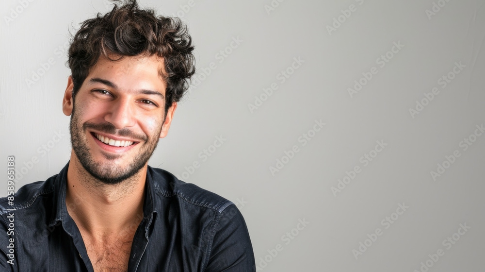 Fototapeta premium A cheerful young man with curly hair and a dark shirt smiles brightly, conveying warmth and friendliness against a plain gray backdrop.