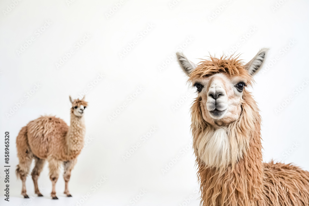 Obraz premium Cute Alpaca Standing with a Blurred Alpaca in the Background