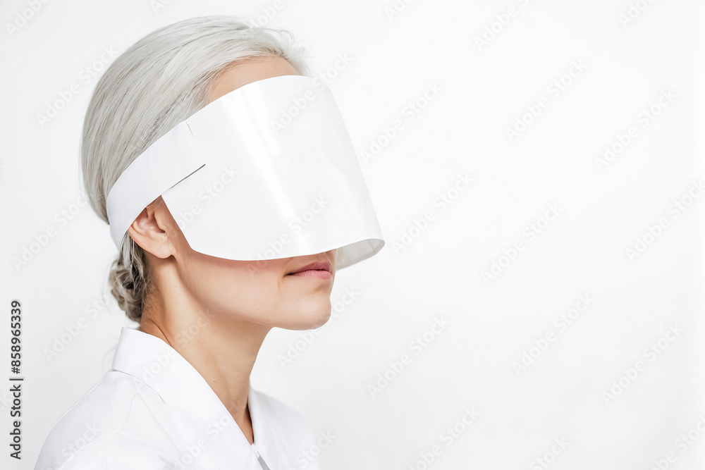 Woman in White Blindfold Looking to the Right Woman in White Blindfold Looking to the Right