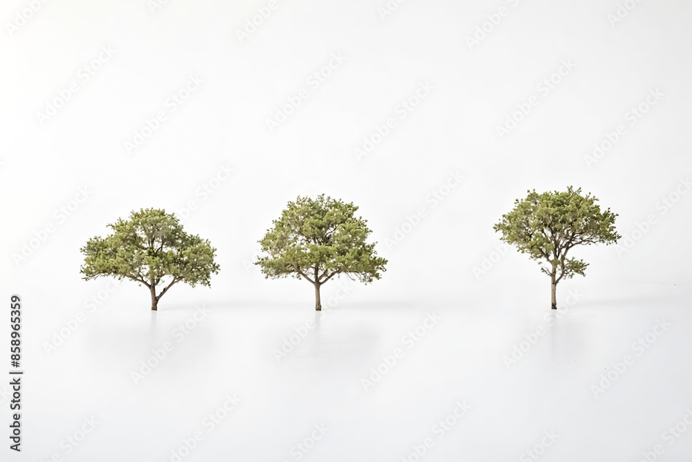 Obraz premium Three Miniature Trees on White Background