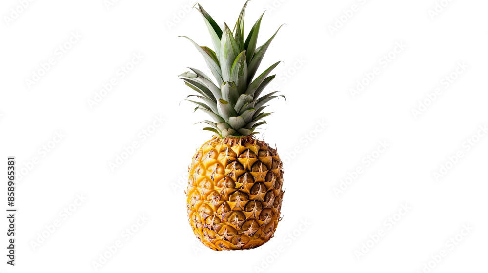 Photograph of a single, vibrant pineapple, its spiky exterior and juicy yellow flesh forming a tropical centerpiece on a transparent background. Photograph of a single, vibrant pineapple, its spiky exterior and juicy yellow flesh forming a tropical centerpiece on a transparent background.