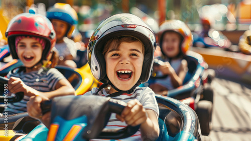 Children in bumper cars laughing and enjoying a fun-filled ride under bright sunlight. © VK Studio