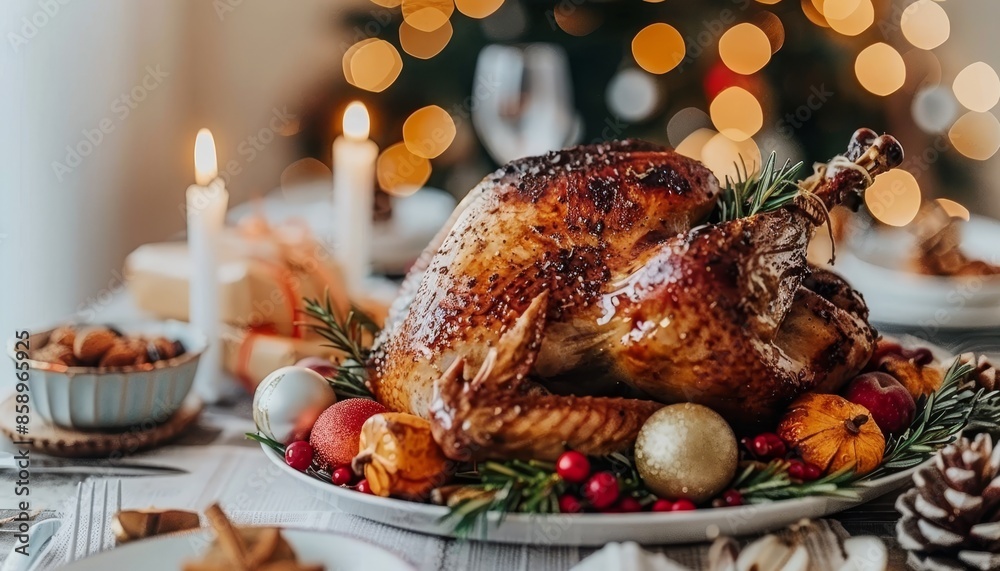 Close up of elegant christmas dinner table with glowing candles in festive setting Close up of elegant christmas dinner table with glowing candles in festive setting