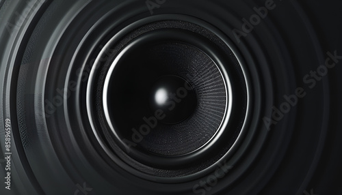 Black background, one woofer speaker is vibrating, and sonic boom forms in circular shape from speaker