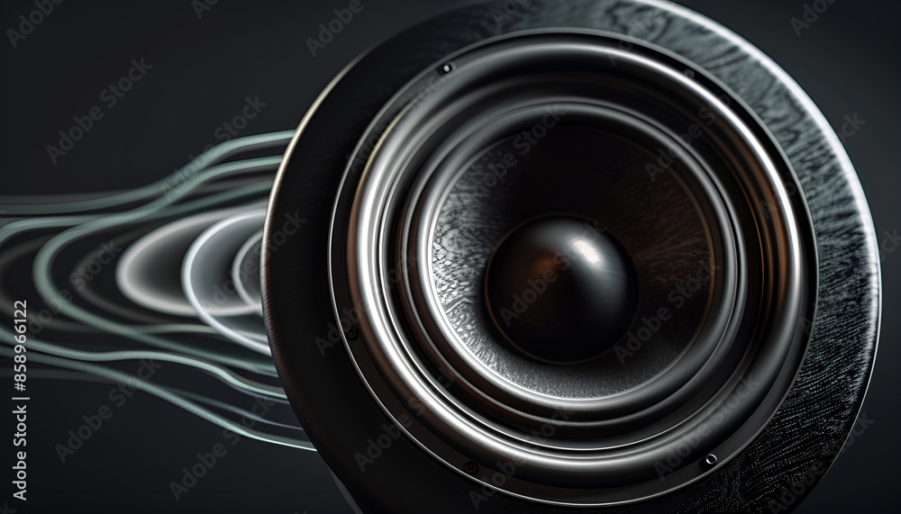 Black background, one woofer speaker is vibrating, and sonic boom forms in circular shape from speaker Black background, one woofer speaker is vibrating, and sonic boom forms in circular shape from speaker