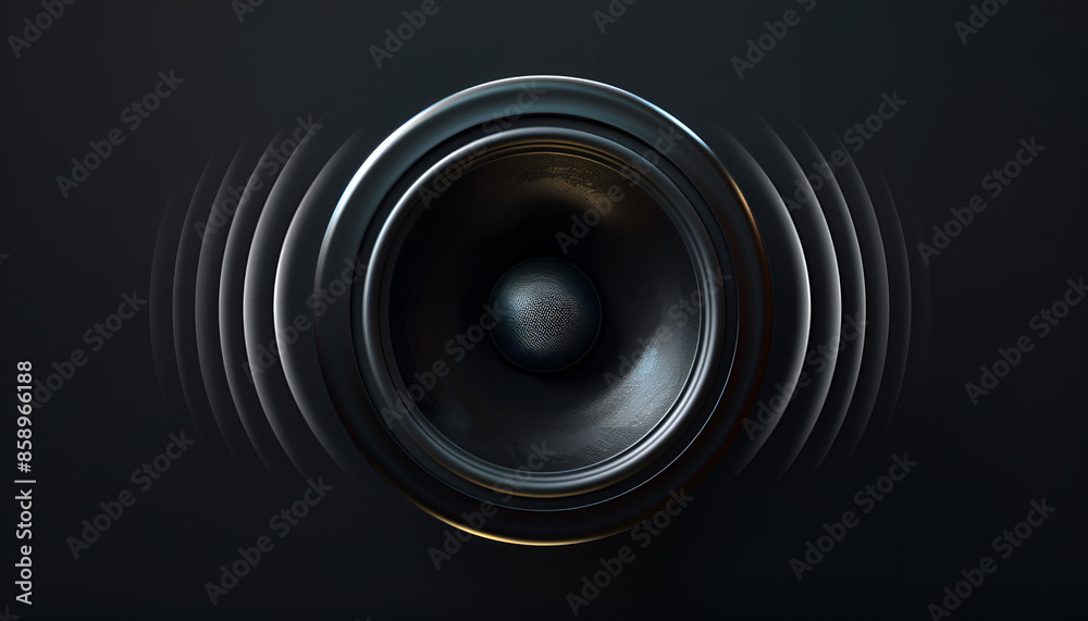 Black background, one woofer speaker is vibrating, and sonic boom forms in circular shape from speaker Black background, one woofer speaker is vibrating, and sonic boom forms in circular shape from speaker