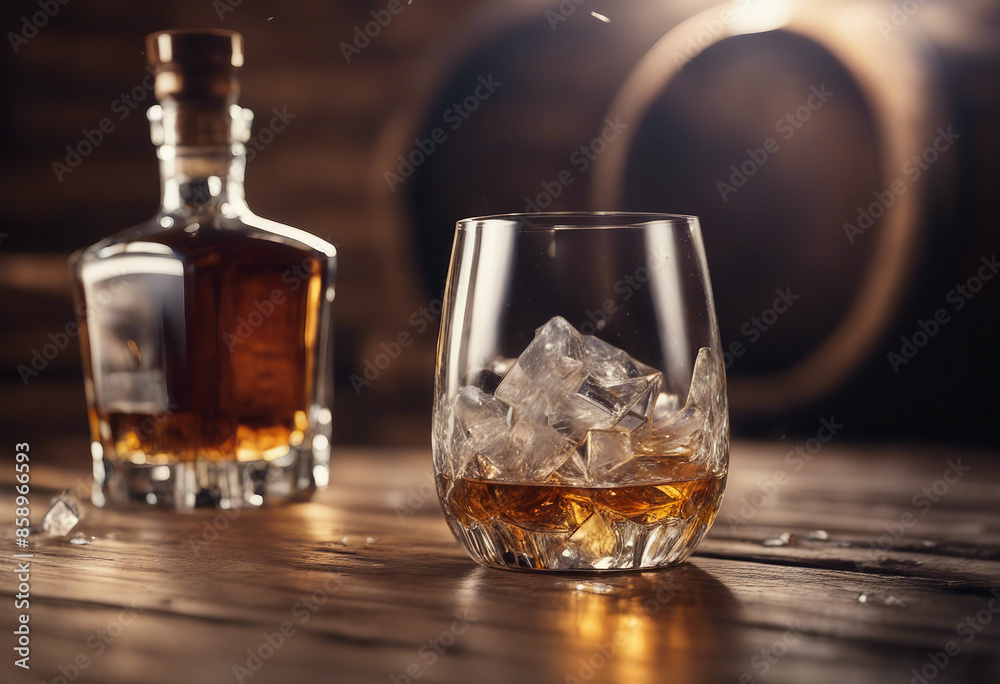 whisky glass with ice flakes on a wooden barrel and an unbranded, unwritten whisky bottle. whisky glass with ice flakes on a wooden barrel and an unbranded, unwritten whisky bottle.