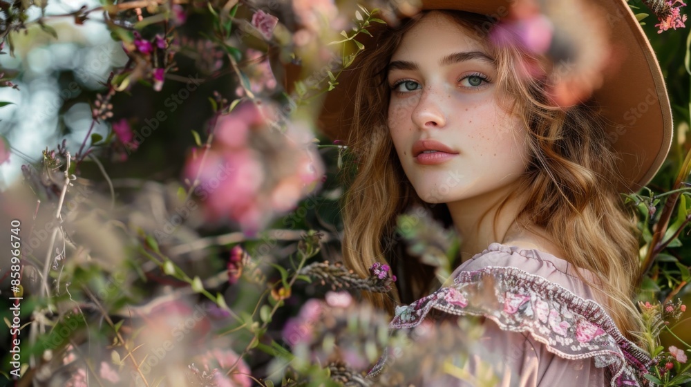 Fototapeta premium A woman wearing a brown hat and a pink dress is standing in a field of flowers