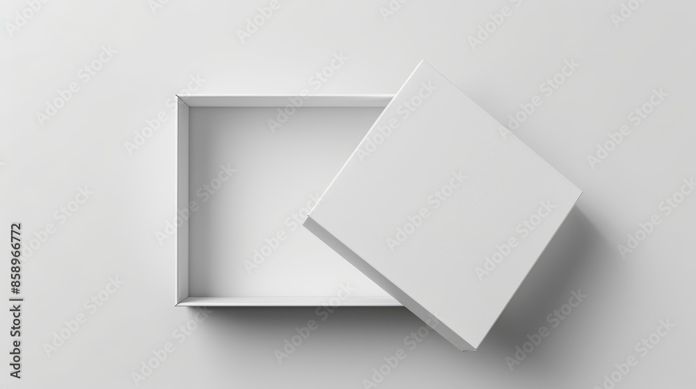 Top view of an open white package mockup, square cardboard box with clean edges, emphasizing the color clarity and high quality of the blank box Top view of an open white package mockup, square cardboard box with clean edges, emphasizing the color clarity and high quality of the blank box