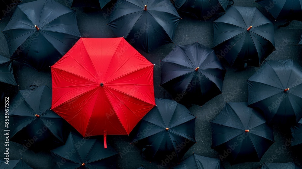 Unique red umbrella among black umbrellas, minimalist design on a solid color background, emphasizing simplicity Unique red umbrella among black umbrellas, minimalist design on a solid color background, emphasizing simplicity