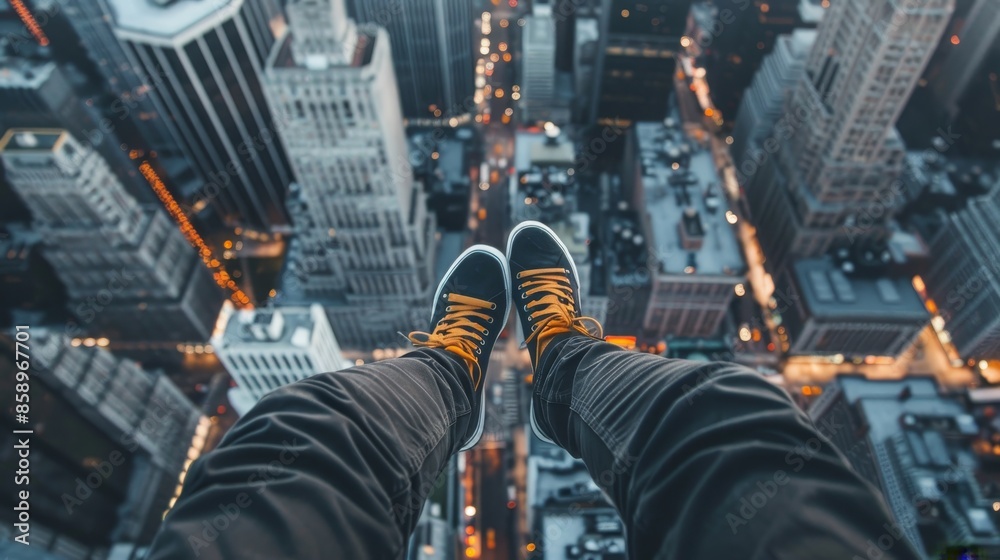 View of a man's legs dangling off the edge of a high-rise building, cityscape far below, capturing the thrill of high altitude View of a man's legs dangling off the edge of a high-rise building, cityscape far below, capturing the thrill of high altitude