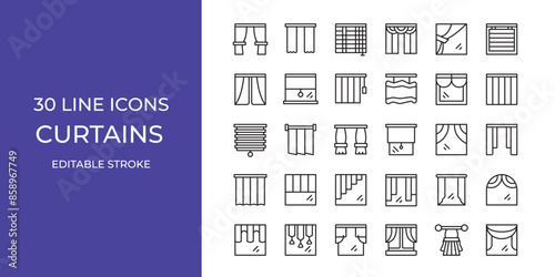 Curtains icon set vector illustration stroke editable. windows, draperies and more