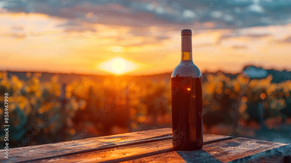 Wine bottle on a rustic table, with a wine factory in the distance, capturing the last golden rays of the day Wine bottle on a rustic table, with a wine factory in the distance, capturing the last golden rays of the day