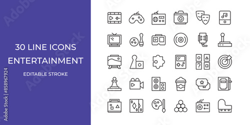 Entertainment icon set vector illustration stroke editable. radio, photography, game and more