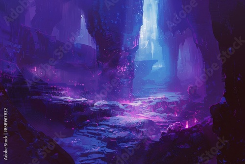 Purple Cave With Glowing Stones