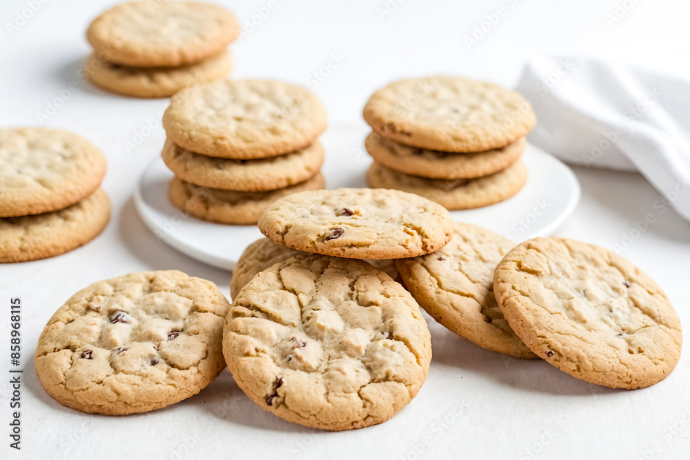 Close up of a stack of homemade cookies on a white surface Close up of a stack of homemade cookies on a white surface