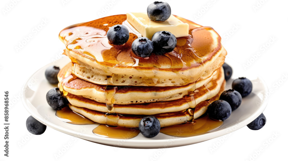 Photograph of a stack of fluffy buttermilk pancakes, drizzled with maple syrup and topped with a pat of butter and fresh blueberries, on a transparent background. Photograph of a stack of fluffy buttermilk pancakes, drizzled with maple syrup and topped with a pat of butter and fresh blueberries, on a transparent background.