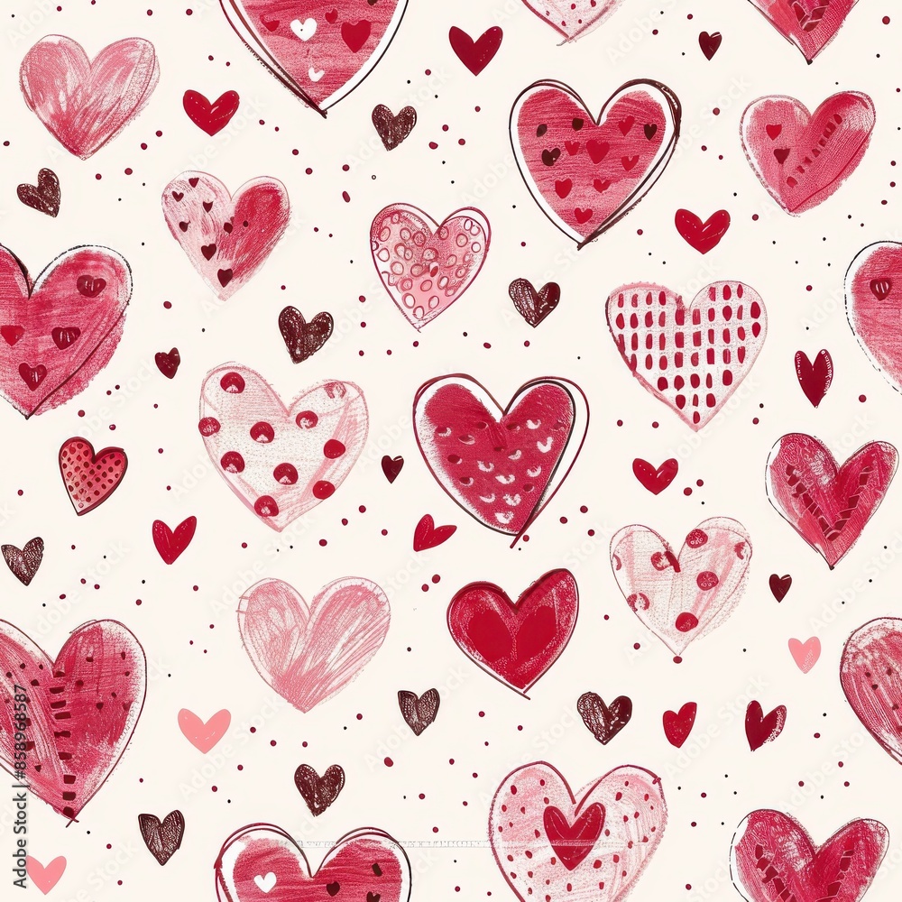 This image features a seamless pattern of hand-drawn hearts in various shades of red and pink on a white background. The hearts are different sizes and have various textures and patterns, creating a p This image features a seamless pattern of hand-drawn hearts in various shades of red and pink on a white background. The hearts are different sizes and have various textures and patterns, creating a p