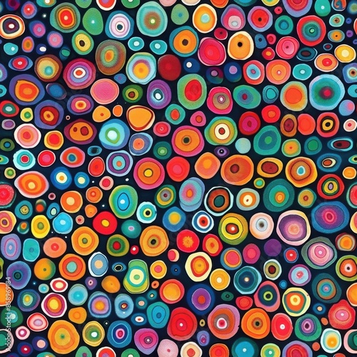 This is a digital illustration of a repeating pattern featuring vibrant, colorful concentric circles on a dark background. The circles are of varying sizes and colors, creating a visually stimulating 