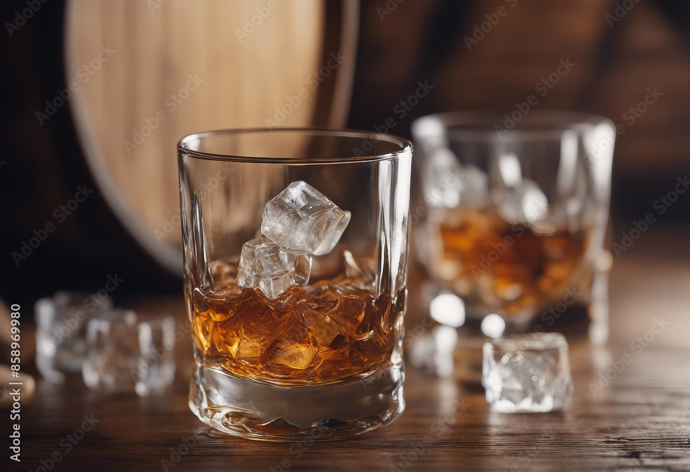 whisky glass with ice flakes on a wooden barrel and an unbranded, unwritten whisky bottle. whisky glass with ice flakes on a wooden barrel and an unbranded, unwritten whisky bottle.