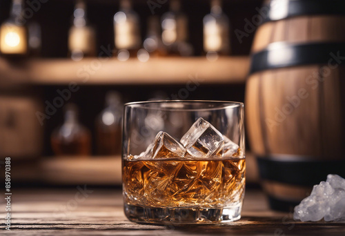 whisky glass with ice flakes on a wooden barrel and an unbranded, unwritten whisky bottle. 