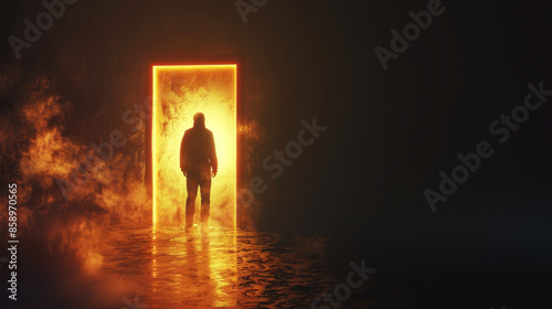 A lone figure stands at the threshold of a glowing, mysterious doorway, enveloped in an aura of uncertainty and adventure.