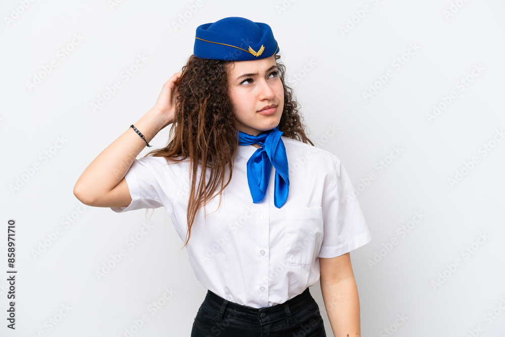 Airplane stewardess Arab woman isolated on white background having doubts and with confuse face expression Airplane stewardess Arab woman isolated on white background having doubts and with confuse face expression