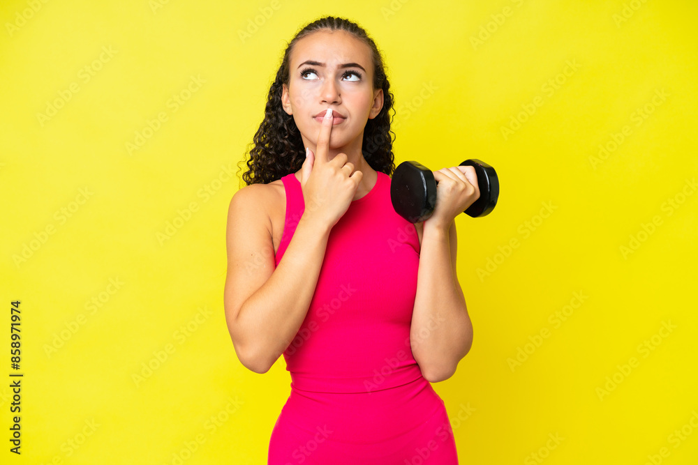 Young sport woman making weightlifting isolated on yellow background having doubts while looking up Young sport woman making weightlifting isolated on yellow background having doubts while looking up