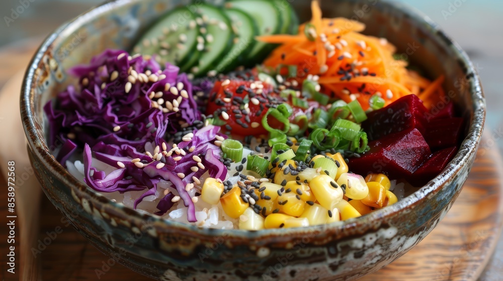 Healthy and vibrant rainbow veggie bowl, fluffy brown rice base, heaped with colorful ingredients like purple cabbage, cucumbers, sweet corn, beets, and a sprinkle of chia seeds Healthy and vibrant rainbow veggie bowl, fluffy brown rice base, heaped with colorful ingredients like purple cabbage, cucumbers, sweet corn, beets, and a sprinkle of chia seeds