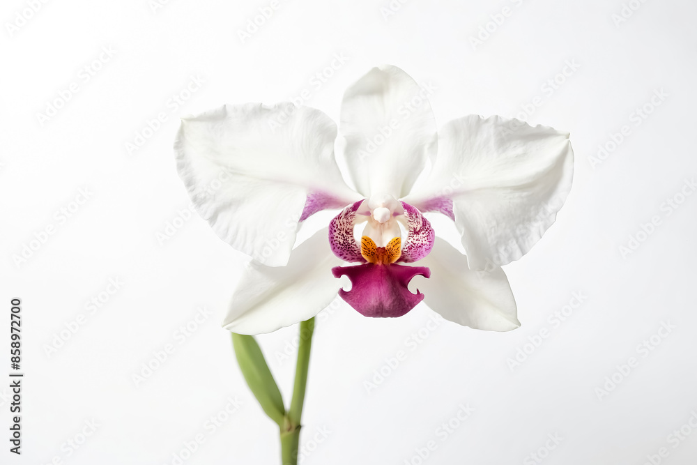 Obraz premium White Orchid with Purple and Yellow Center Isolated on White Background