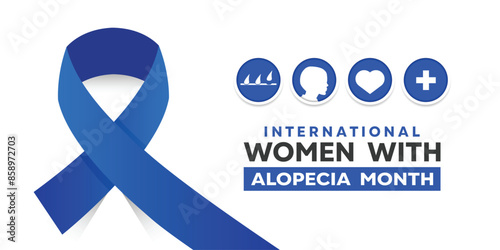 International Women With Alopecia Month. Blue ribbon, hair, women, heart and plus icon. Great for cards, banners, posters, social media and more. White background.