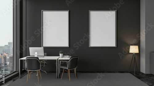 3D render of living Interior room mockup blank poster.