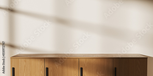 Fototapeta Naklejka Na Ścianę i Meble -  Beige home living room interior with drawer and empty space. Mockup wall