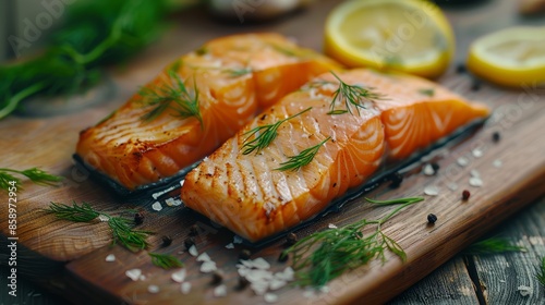 Juicy salmon fillet served on a classic Swedish wooden table, garnished with dill and lemon, rich textures and colors, perfect for food photography photo