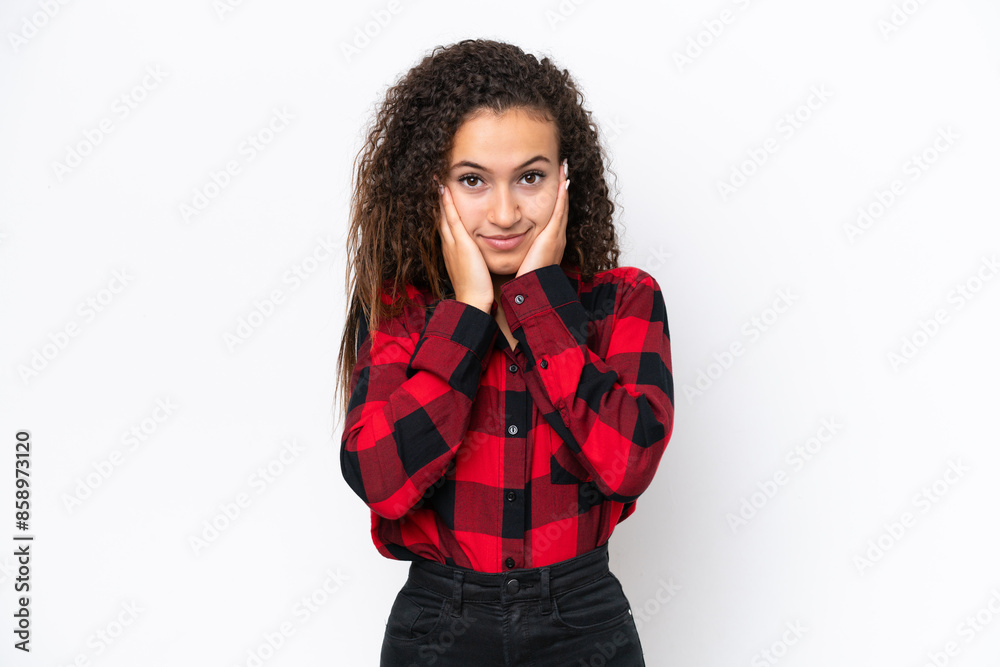 Young Arab woman isolated on white background frustrated and covering ears Young Arab woman isolated on white background frustrated and covering ears