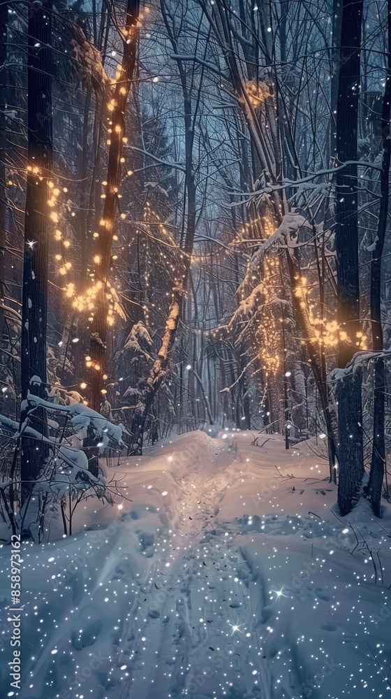 A snowy forest path is illuminated by strings of warm, white lights strung on trees. The path is covered in fresh, white snow, and the trees are bare and frosted with snow. The image is a serene and m A snowy forest path is illuminated by strings of warm, white lights strung on trees. The path is covered in fresh, white snow, and the trees are bare and frosted with snow. The image is a serene and m